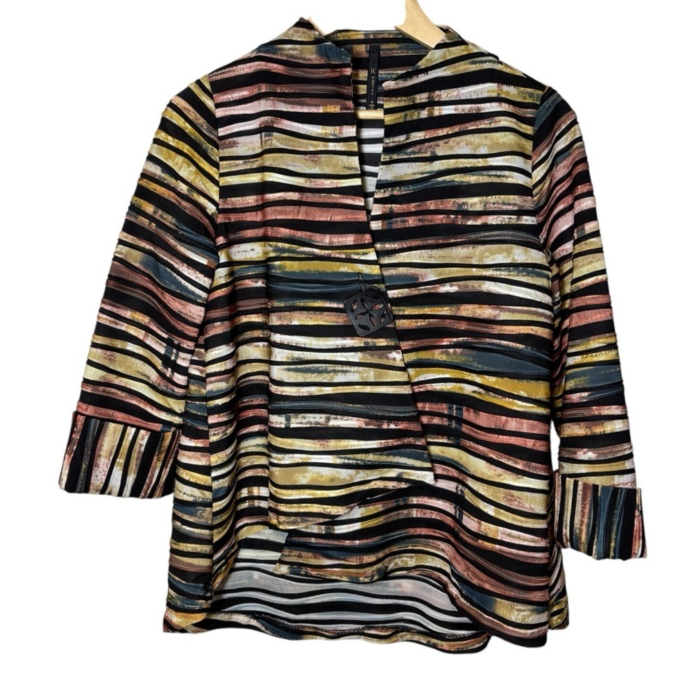 IC By Connie K Artsy Asymmetrical One Button Jacket Women's Small Black Stripes